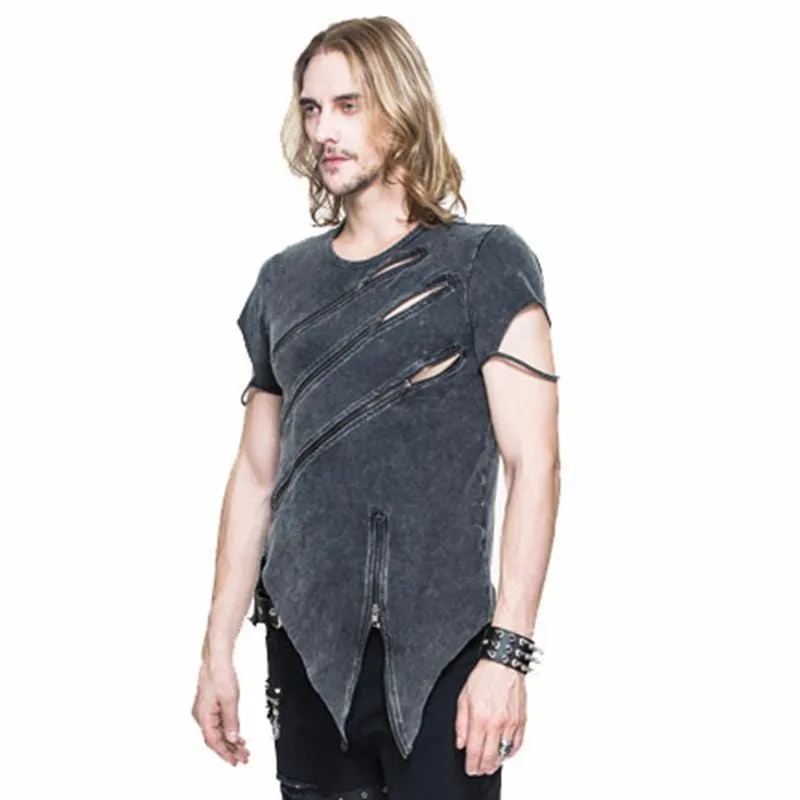 Men's Punk Asymmetric T-shirt With Zip Detailing