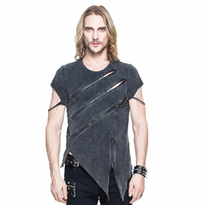 Men's Punk Asymmetric T-shirt With Zip Detailing