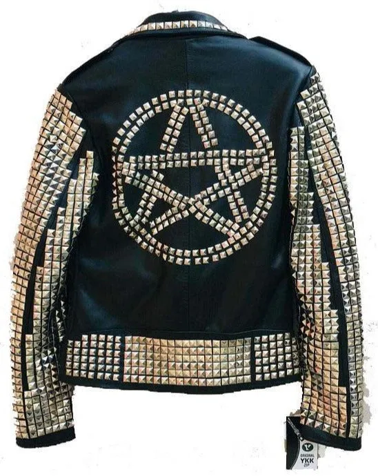 Men's Punk Style Golden Studded Black Zipper Leather Jacket