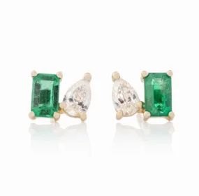 Moi Et Toi Emerald Cut Emerald and Pear Shaped Diamond Studs