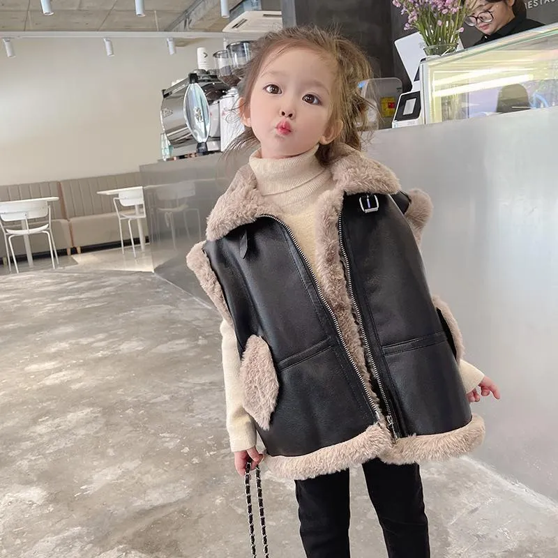 Oversized Brown & Black Leather Fur Biker Gilet for Girls