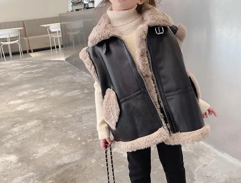 Oversized Brown & Black Leather Fur Biker Gilet for Girls