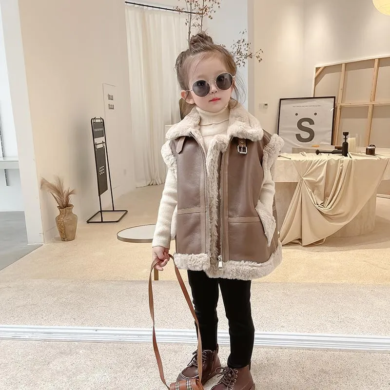 Oversized Brown & Black Leather Fur Biker Gilet for Girls