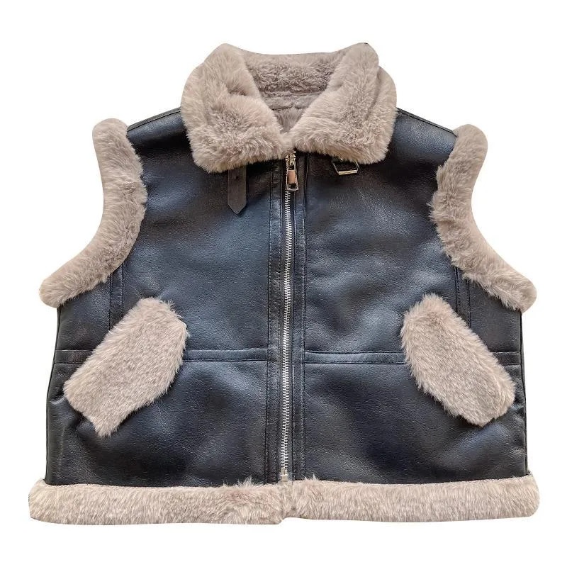 Oversized Brown & Black Leather Fur Biker Gilet for Girls