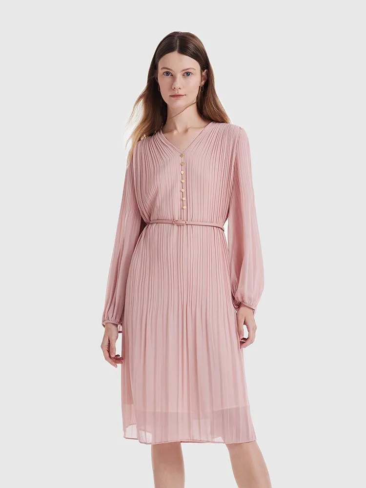 Pink Ruched Midi Dress With Belt