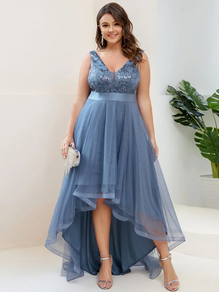 Plus Size Sequin High-Low Deep V Neck Tulle Evening Dresses