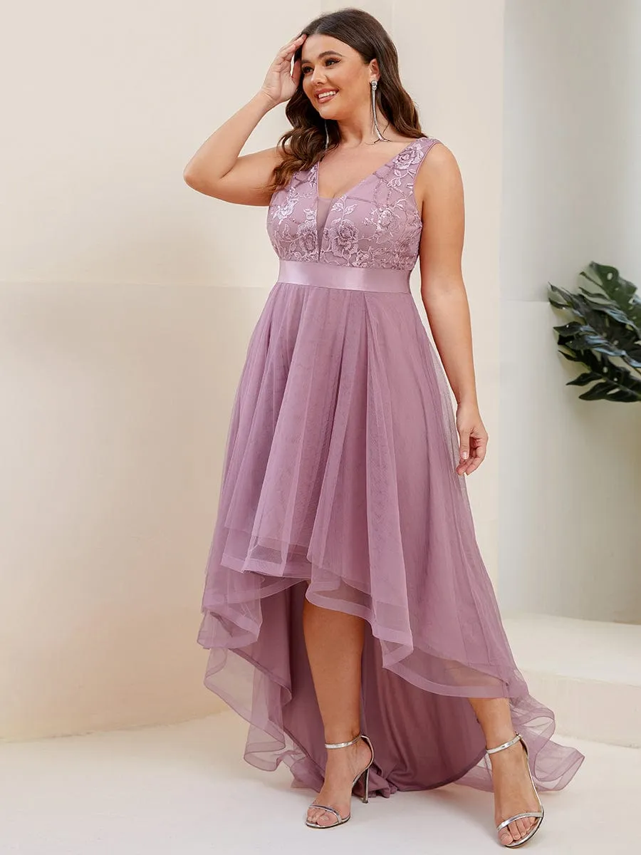 Plus Size Sequin High-Low Deep V Neck Tulle Evening Dresses