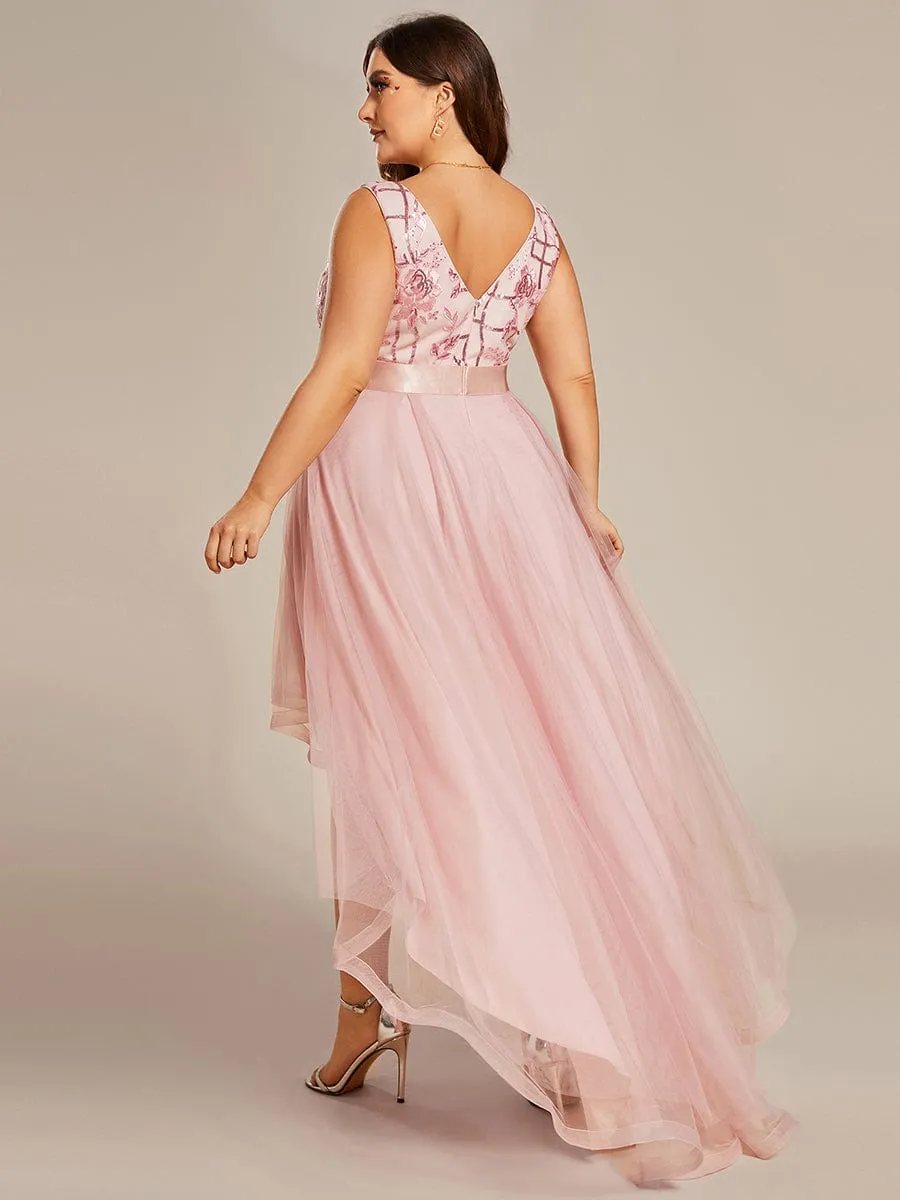 Plus Size Sequin High-Low Deep V Neck Tulle Evening Dresses