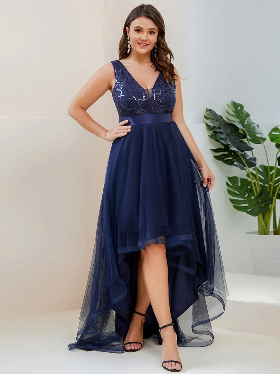 Plus Size Sequin High-Low Deep V Neck Tulle Evening Dresses