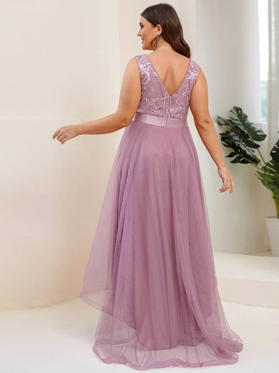 Plus Size Sequin High-Low Deep V Neck Tulle Evening Dresses