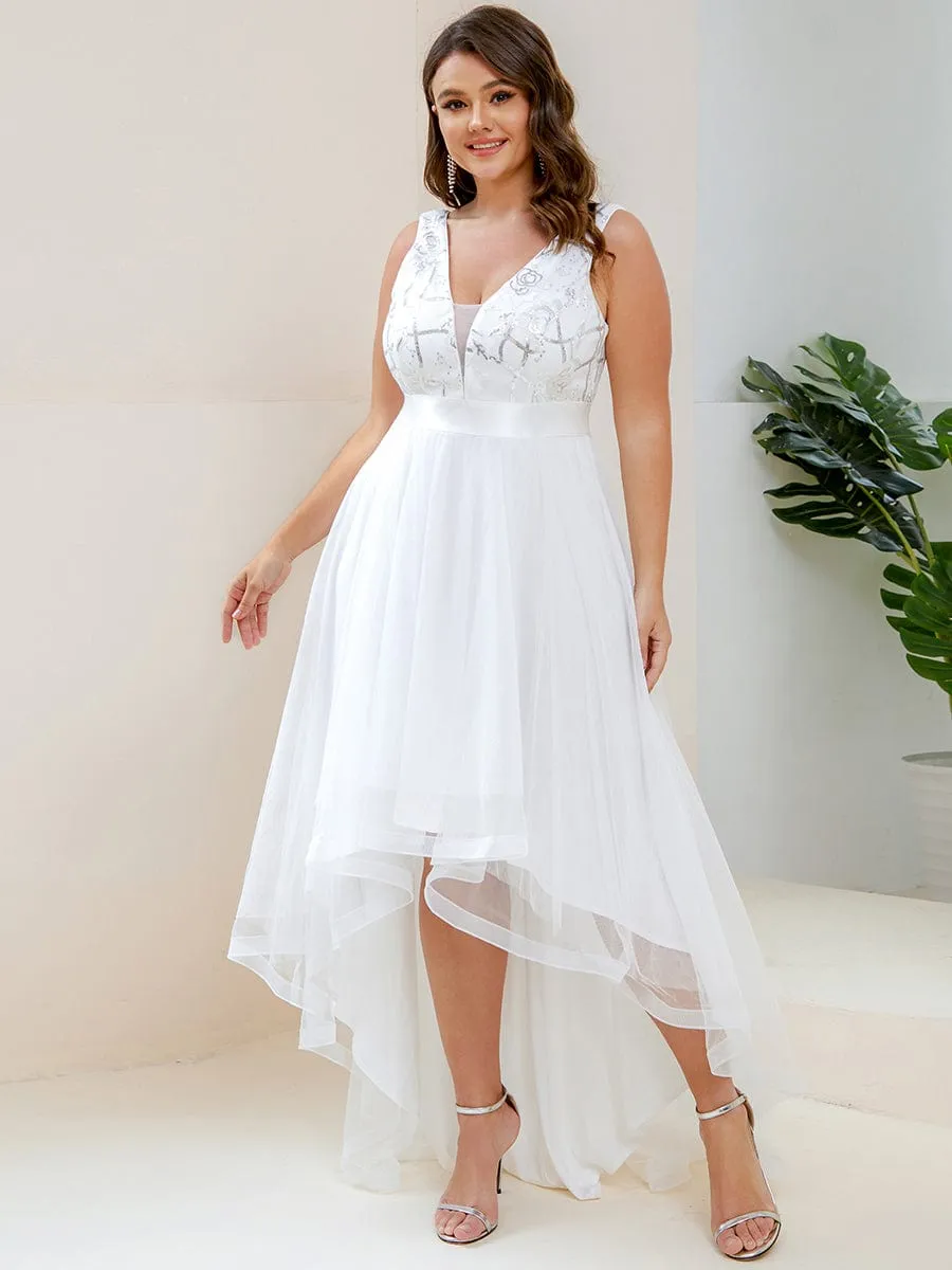 Plus Size Sequin High-Low Deep V Neck Tulle Evening Dresses