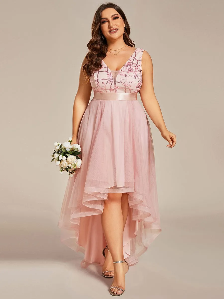 Plus Size Sequin High-Low Deep V Neck Tulle Evening Dresses