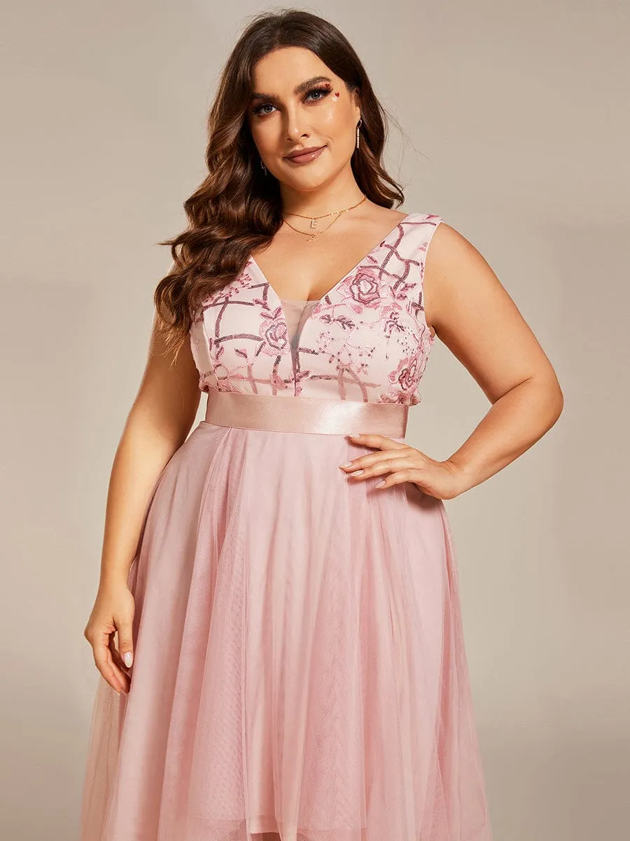 Plus Size Sequin High-Low Deep V Neck Tulle Evening Dresses