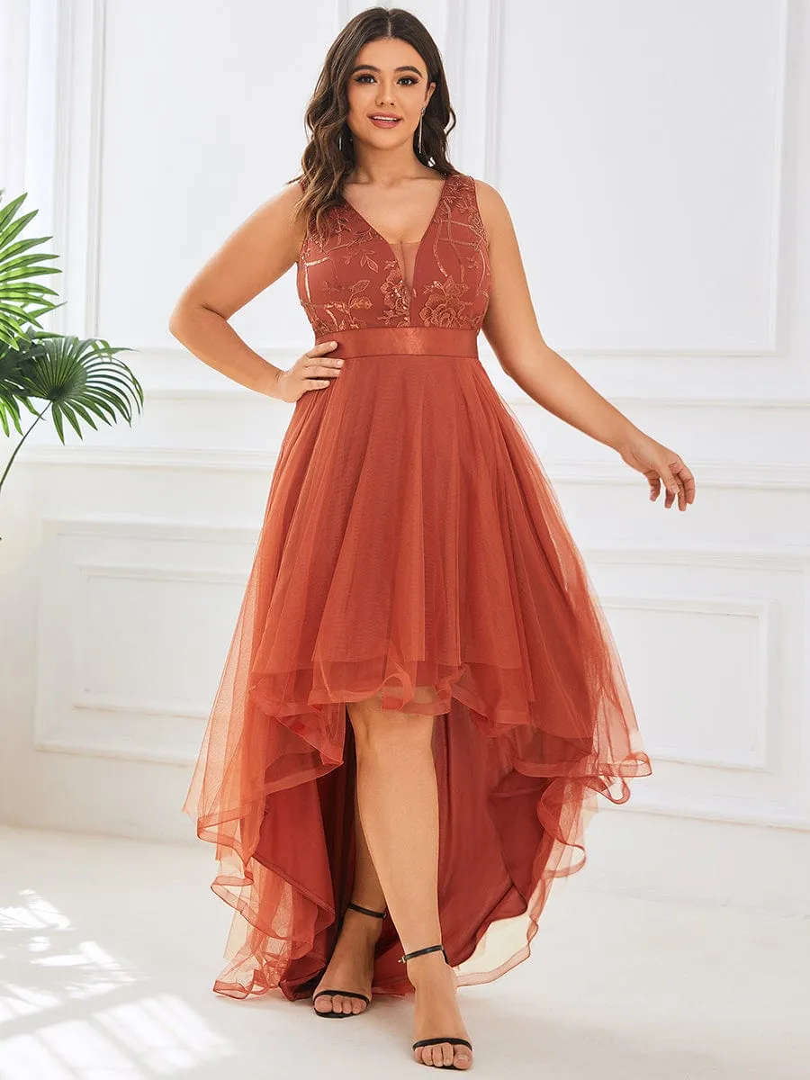 Plus Size Sequin High-Low Deep V Neck Tulle Evening Dresses