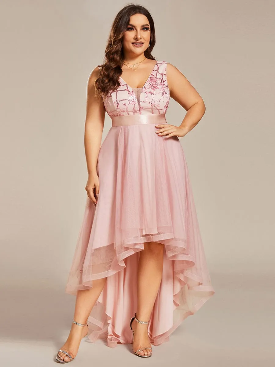 Plus Size Sequin High-Low Deep V Neck Tulle Evening Dresses