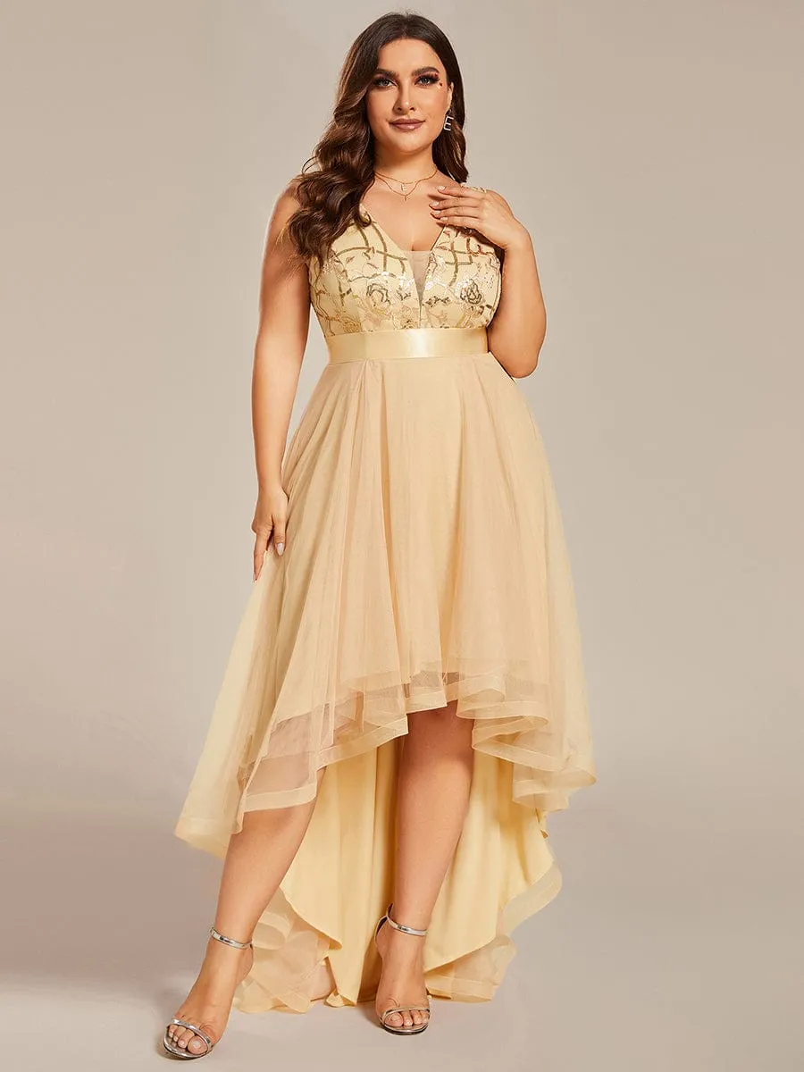 Plus Size Sequin High-Low Deep V Neck Tulle Evening Dresses