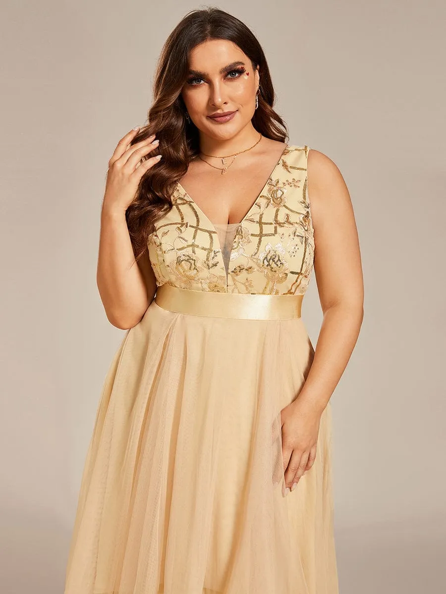 Plus Size Sequin High-Low Deep V Neck Tulle Evening Dresses