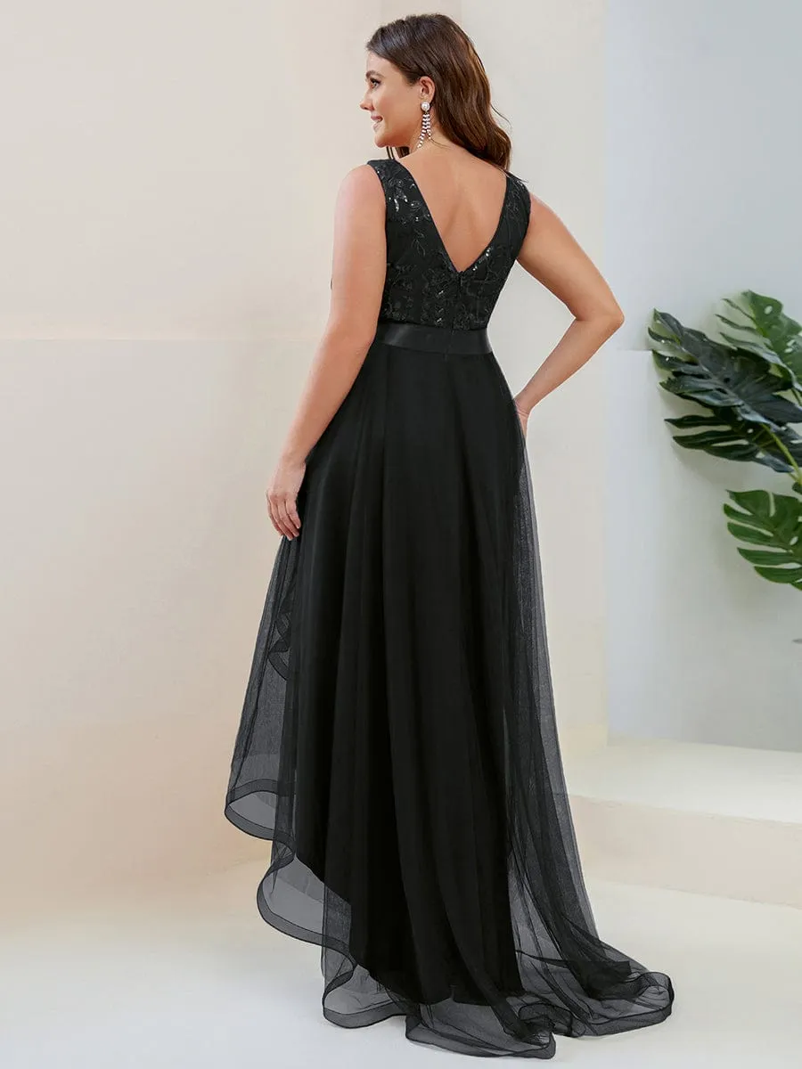 Plus Size Sequin High-Low Deep V Neck Tulle Evening Dresses