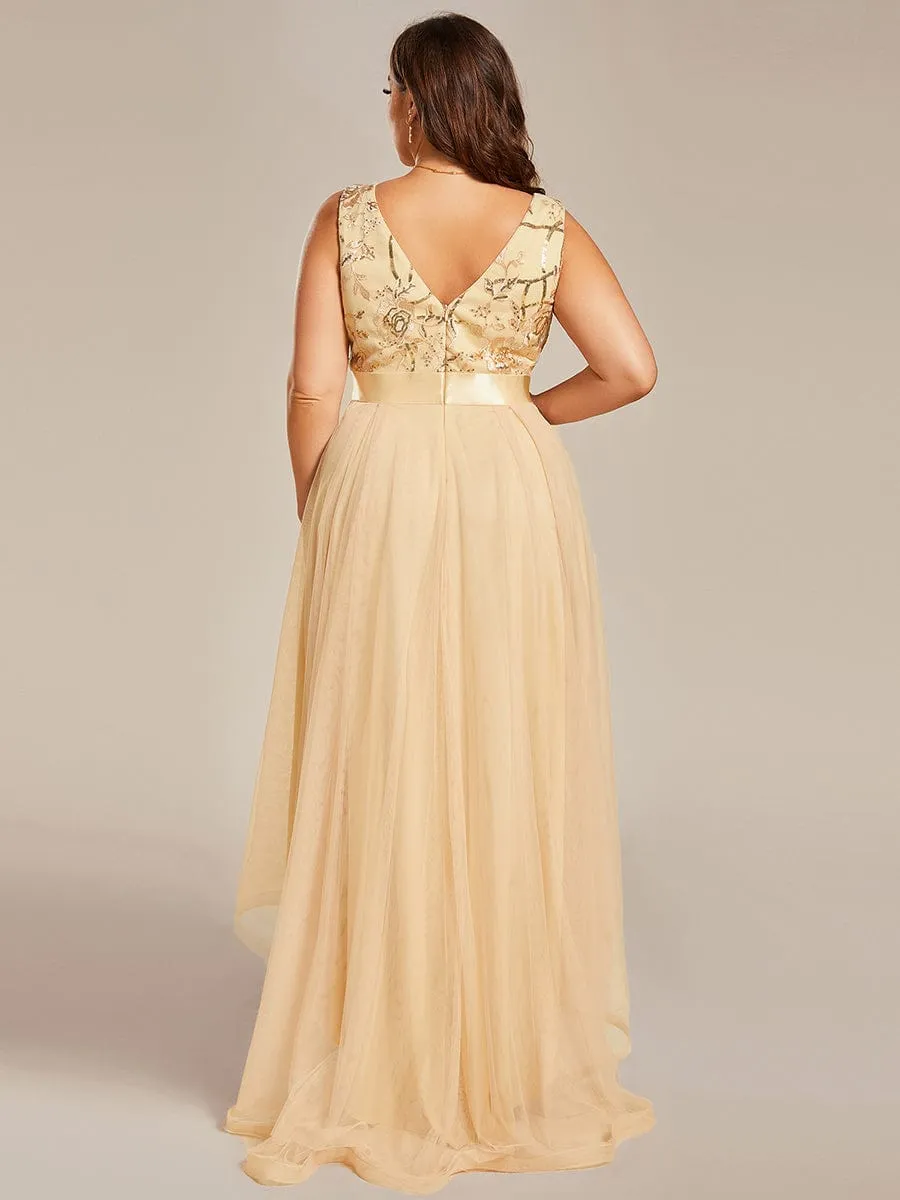 Plus Size Sequin High-Low Deep V Neck Tulle Evening Dresses