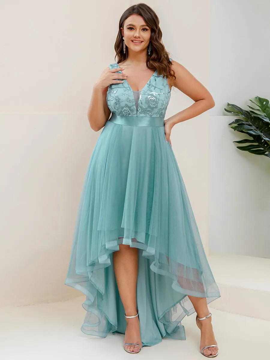 Plus Size Sequin High-Low Deep V Neck Tulle Evening Dresses