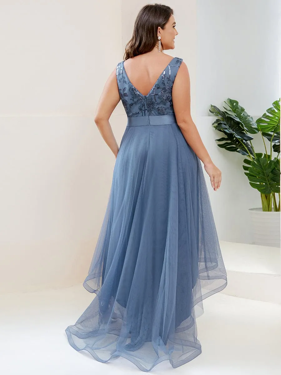 Plus Size Sequin High-Low Deep V Neck Tulle Evening Dresses