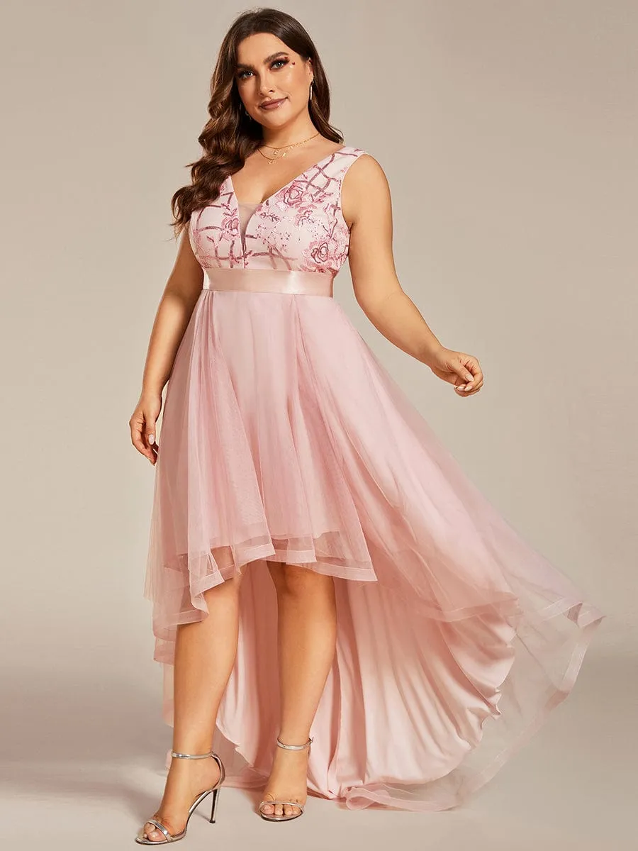 Plus Size Sequin High-Low Deep V Neck Tulle Evening Dresses