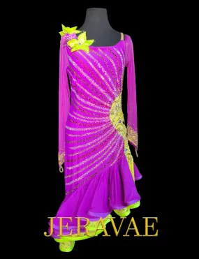 Purple Long Sleeve Latin Dress with Neon Yellow Flowers on One Shoulder, Lace, Fringe Tassels, and Stones in Sunburst Pattern Sz M Lat190