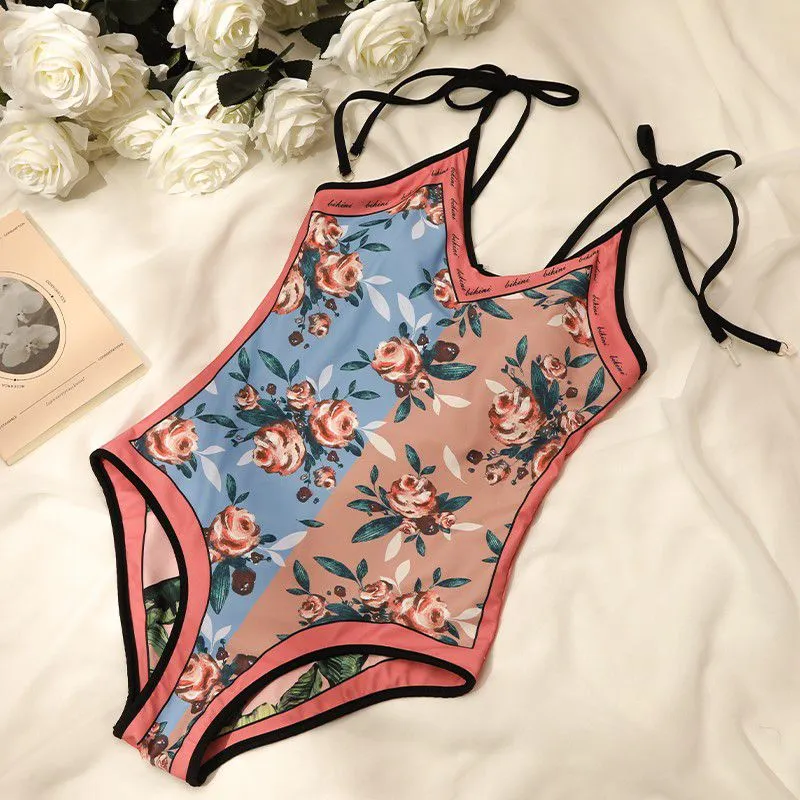 Reversible Thin Strap Tie Up Block Trim V Neck Floral Print One Piece Swimwear Bathsuit