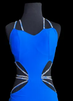 Royal Blue Sleeveless Latin Dress with Side Cutouts, Black Feather Hem, and Beautiful Stoned Straps on Sides and Back Sz S Lat195