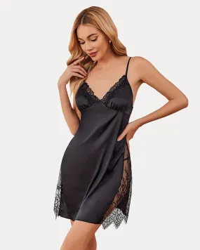 Satin Nightgown V Neck Lace Chemise