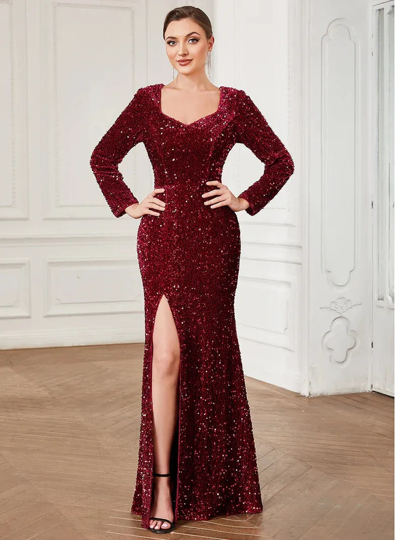 Shiny Long Sleeves Sweetheart Neck Fishtail Formal Dresses