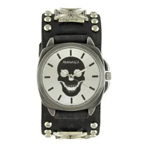 Skull Silver Watch with Iron Cross Studded Black Leather Cuff