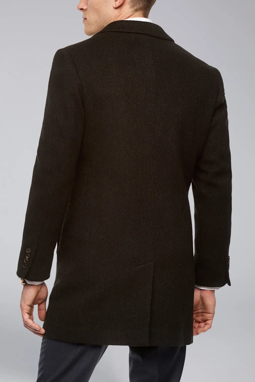 Stone Slim Fit Wool & Cashmere Overcoat - Navy-Olive Herringbone