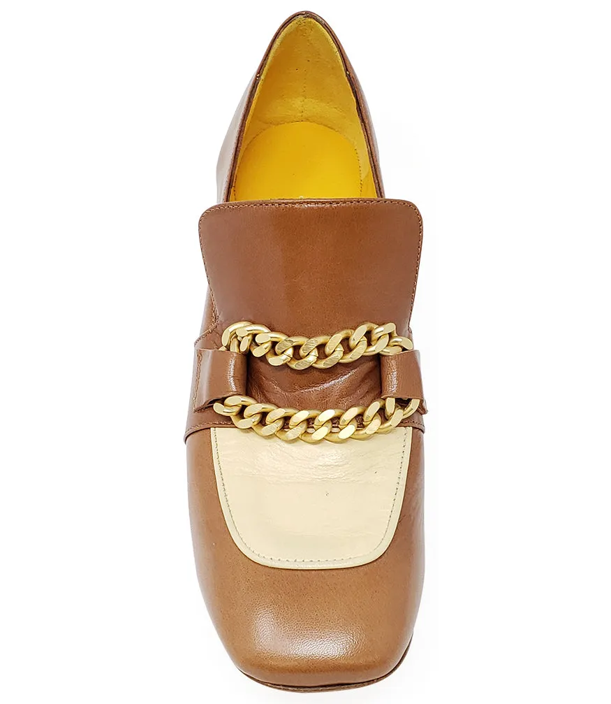 Tan & Cream Leather Mid Heel Loafer W/Chain