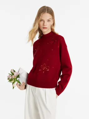 Tencel Wool Blend Mock Neck Sequins Women Sweater