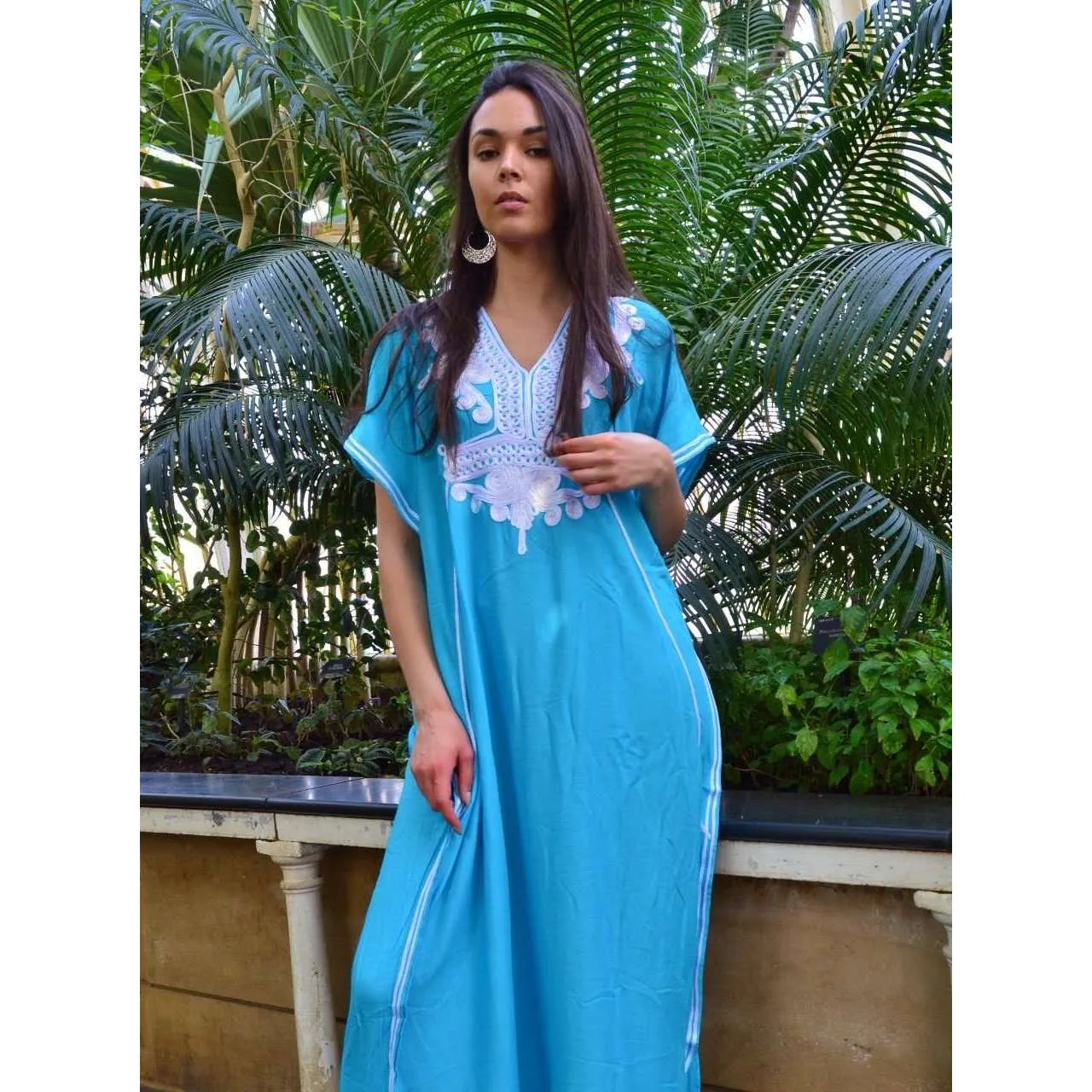 Turquoise Blue Marrakech Resort Lounge Wear Caftan Kaftan with White Embroidery-Moroccan Kaftan