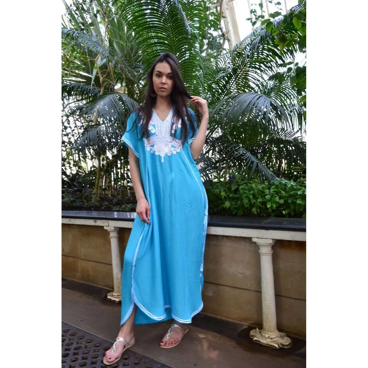 Turquoise Blue Marrakech Resort Lounge Wear Caftan Kaftan with White Embroidery-Moroccan Kaftan