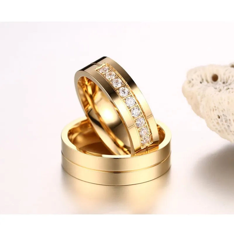 Wedding Bands Rings for Women / Men Love Gift Gold-color Stainless Steel CZ Promise Couple Jewelry