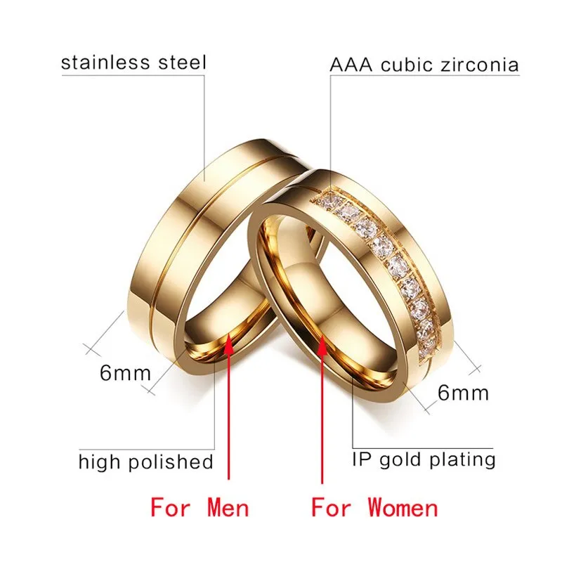 Wedding Bands Rings for Women / Men Love Gift Gold-color Stainless Steel CZ Promise Couple Jewelry