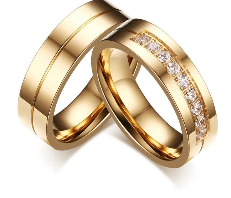 Wedding Bands Rings for Women / Men Love Gift Gold-color Stainless Steel CZ Promise Couple Jewelry