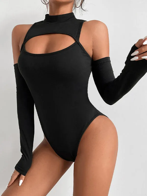 Women's Black Hollow Long Sleeved Bodysuit