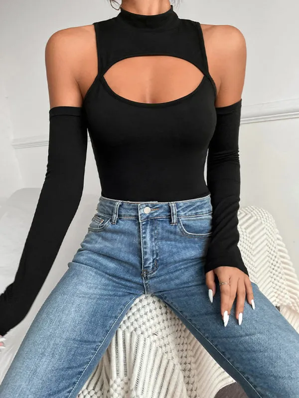 Women's Black Hollow Long Sleeved Bodysuit