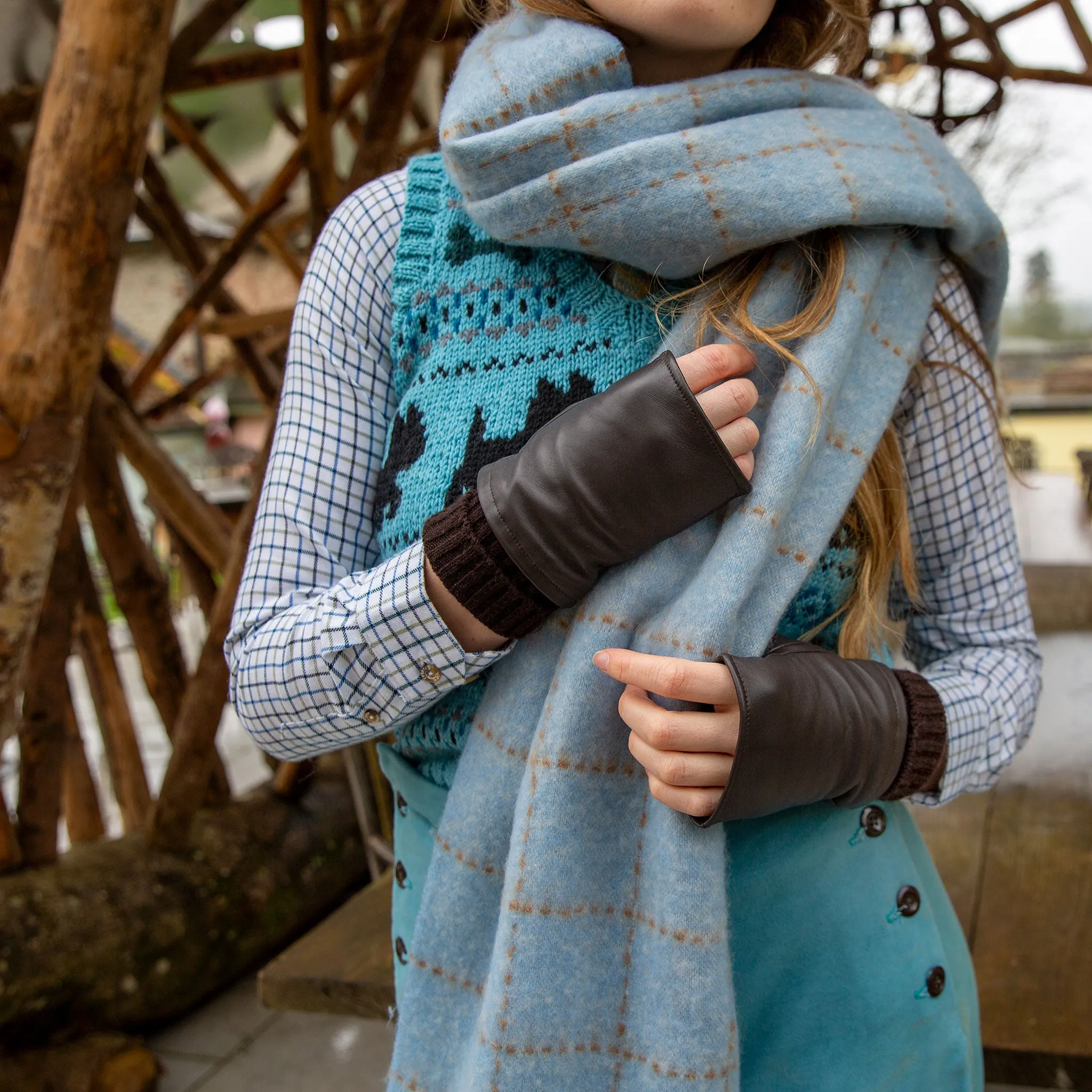 Women’s Fingerless Leather Mittens with Knitted Cuffs